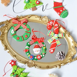 Christmas Hanging Ornaments Polymer Clay Resin 3D Embossed Wreath Candy Cane Stocking Bow Knot Festive Decoration