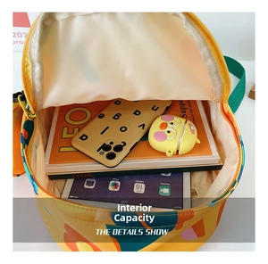 Internal view of a cute floral children backpack showing large capacity for books and tablet