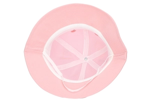 Inside view of pink baby bucket hat showing white breathable lining and chin strap
