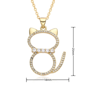 Macro shot of 25mm gold cat pendant necklace with white zircon pavé on white background