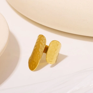 Hammered texture oval stainless steel open ring with 18K gold plating for women