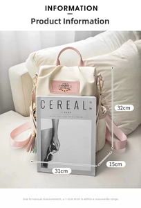Detailed dimension view of white oxford backpack showing height 32cm and width 31cm