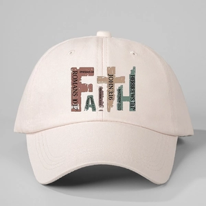 Adjustable beige cotton baseball cap featuring Faith typography with biblical verses