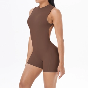 Detailed view of backless dark brown sports bodysuit showing ruched butt lift and cut