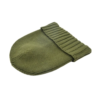 Detail view of the army green ribbed knit beanie showing texture and thick folded cuff