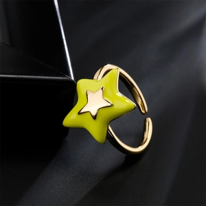 18K gold plated irregular star open ring with yellow enamel inlay on black silk base