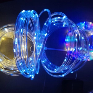 Detail showing waterproof blue and white LED rope lights with transparent PVC tubing