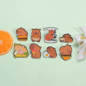 Capybara enamel pin set with creative burger and snack designs on light green background
