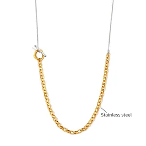 Detail of adjustable long sweater necklace featuring OT buckle and two-tone chain design