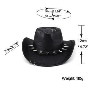 Detail view of black western cowboy hat with silver punk spikes and metal rings