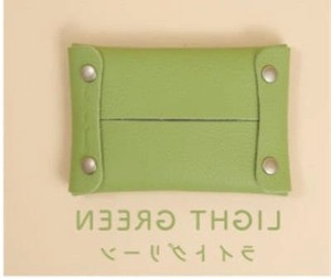 Detailed view of light green leather tissue pouch with four functional metal snaps