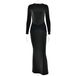 Slim fit black long sleeve midi dress with waist pleats and elegant fishtail hemline