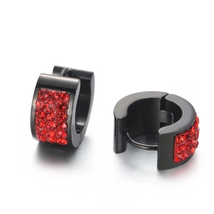 Polished black stainless steel hoop earrings with sparkling red rhinestone inlay details