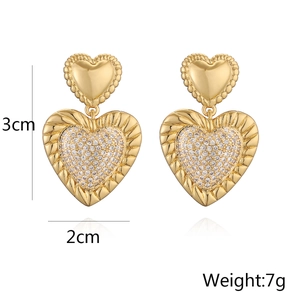 Golden heart drop earrings with shimmering zircon pavé and dimension measurements