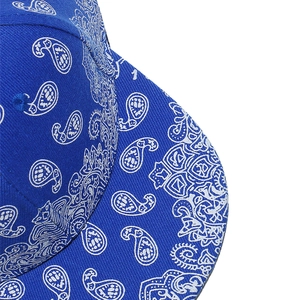 Macro detail of blue paisley baseball cap showing high-quality twill fabric and white patterns
