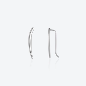Minimalist silver S925 geometric curved ear climber earrings shown with elegant reflection