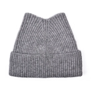 Close-up of grey rib-knit beanie with cat ear design showing detailed wool texture