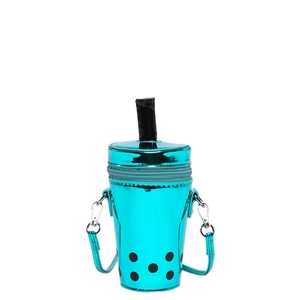 Creative teal milk tea cup shoulder bag with laser finish and pearl details for women
