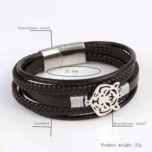 Men's braided leather bracelet with stainless steel tiger head charm and magnetic clasp