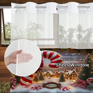 Dual-layer semi-transparent Christmas shower curtain with silver rings and snow scene print