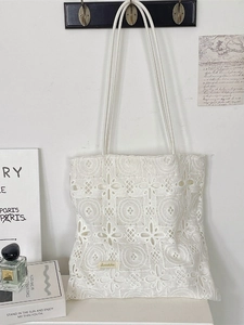 Elegant white floral lace tote bag with double rope straps in a French pastoral style