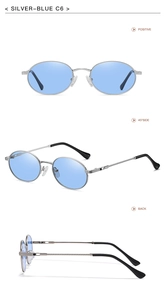 Detailansichten der silbernen Oval-Sonnenbrille mit blauen Gläsern und hohlen Bügeln