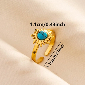 Macro view of adjustable gold sun ring featuring blue turquoise inlay and size dimensions