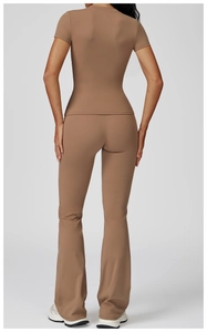 Rear view of brown brushed yoga set with slim fit T-shirt and flared sports pants