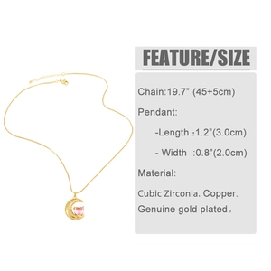 Detail view of crescent moon and pink heart zircon necklace with dimension parameters