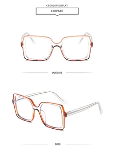 Detail of square glasses frame with transparent and leopard print spliced design