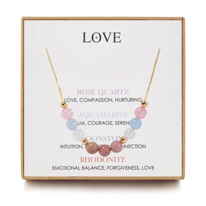 Natural Stone Beaded Necklace Rose Quartz Amethyst Moonstone Aquamarine Gold Plated Chain Heart Pendant Healing Gift