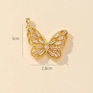 Detailed view of gold butterfly pendant with cubic zirconia, size 3cm by 2.8cm