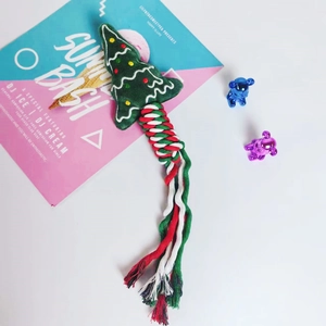 Christmas tree pet chew toy with festive red and green cotton rope for small dogs