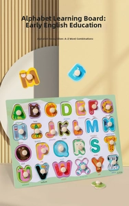 Detail view of alphabet wooden puzzle pieces with handles and animal illustrations