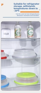 Close-up of colorful folding microwave covers used for refrigerator food storage