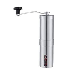 Portable stainless steel manual coffee grinder with handle and transparent viewing window