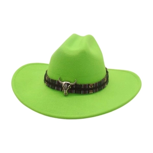 Neon green wool felt western cowboy hat with ethnic band and silver bull head ornament
