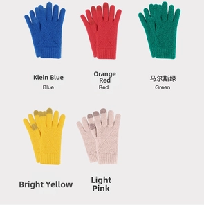 Detail showing various colors of thick knitted winter gloves with touch screen fingertips