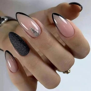 Almond Press On Nails Black French Tip Pink Base Silver Glitter Rhinestone Decor Fashionable Sweet Cool Style For Women