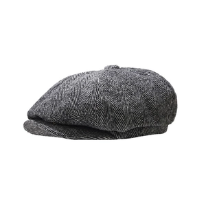 Classic herringbone newsboy cap in gray wool blend with an eight-panel stitched design