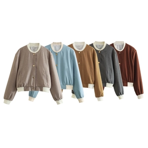 Women's casual baseball bomber jacket featuring contrast rib-knit collar and five colors