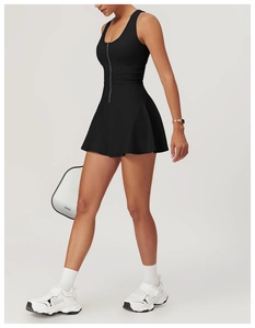 Detailed side view of black sleeveless tennis dress with front zipper and A-line skirt