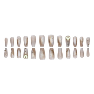 Pink gradient long coffin press-on nails with 3D white hearts and gold calligraphy art