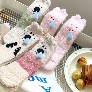 Femmes Chaussettes Épaisses Chaudes Polaire Corail Dessin Animé Mignon 3D Animal Cochon Koala Mi-Mollet Maison Sommeil