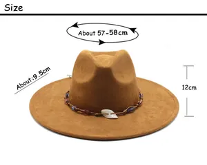 Size chart showing 57-58cm head circumference for the brown wide brim fedora hat