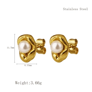 Minimalist gold stainless steel pea pearl stud earrings with detailed size dimensions