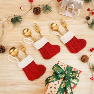 Mini Christmas Stocking Cutlery Holder Knitted Fabric Utensil Pocket Hanging Cable Knit Festive Table Decoration Ornament