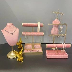 Jewelry Display Stand Pink Velvet Metal Necklace Bracelet Earring Organizer Holder Tray Mannequin Bust Storage Rack For Women
