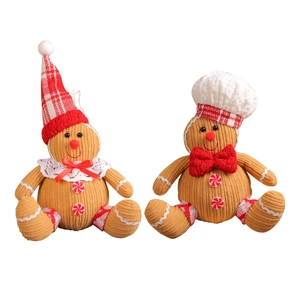 Plush gingerbread man Christmas tree ornaments with corduroy texture and holiday hats
