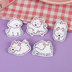 Cute cartoon white bichon dog acrylic pins set featuring five unique skateboard and sitting poses